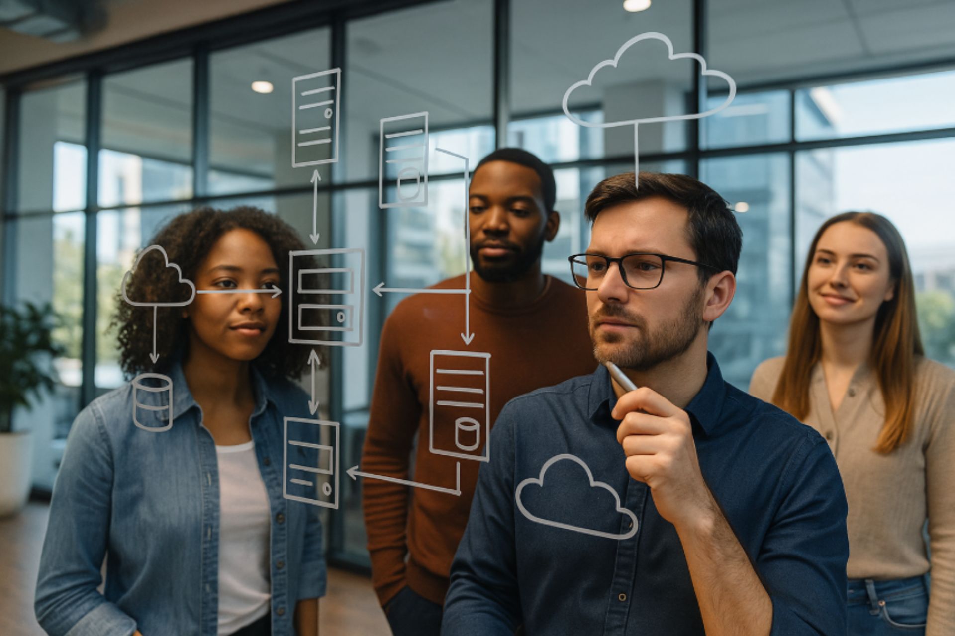 Team von Softwarearchitekten diskutiert Cloud‑Systemdiagramm an Glasboard in modernem Büro.