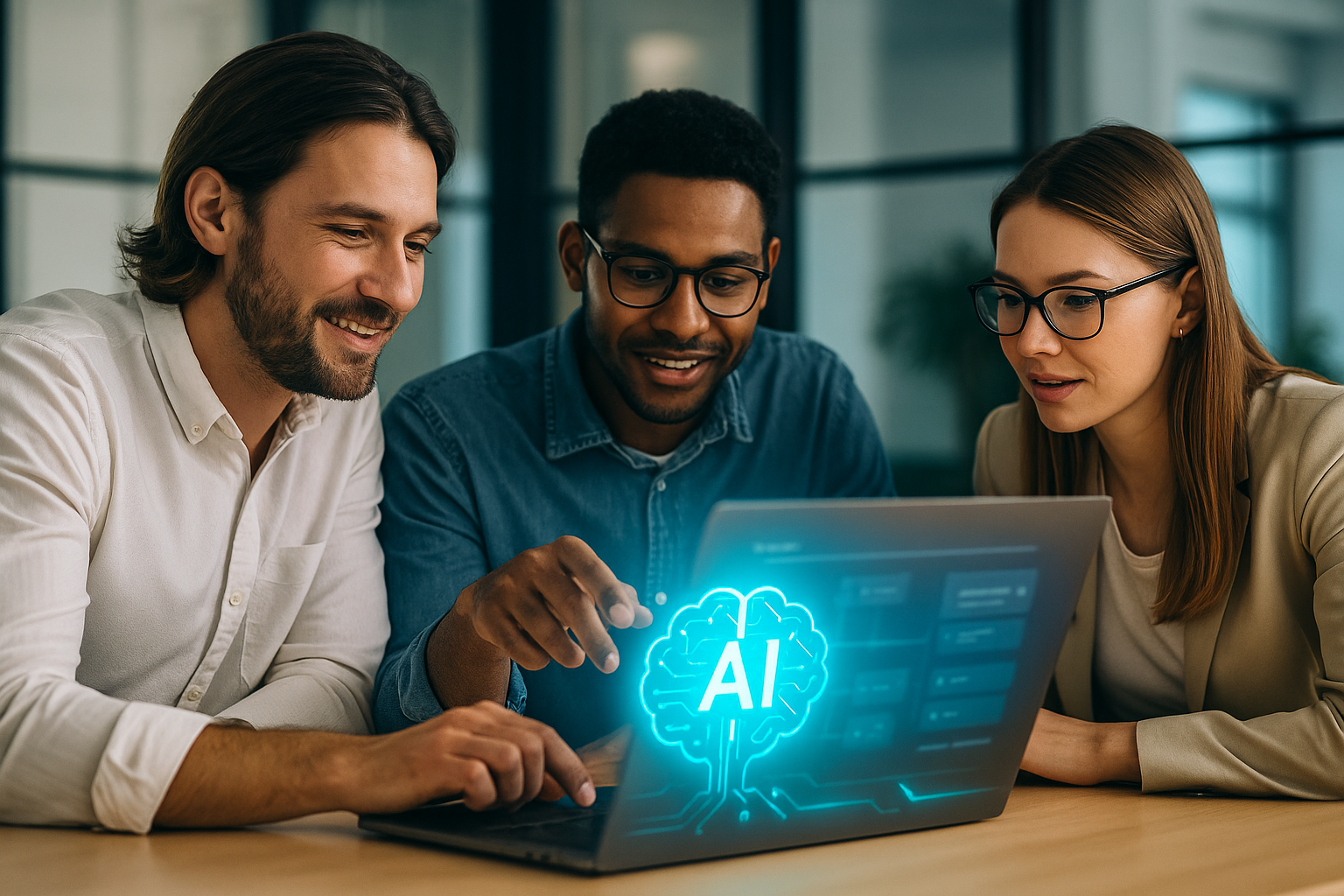 AI Engineer im Team: Drei Fachkräfte arbeiten am Laptop, KI-Symbol leuchtet